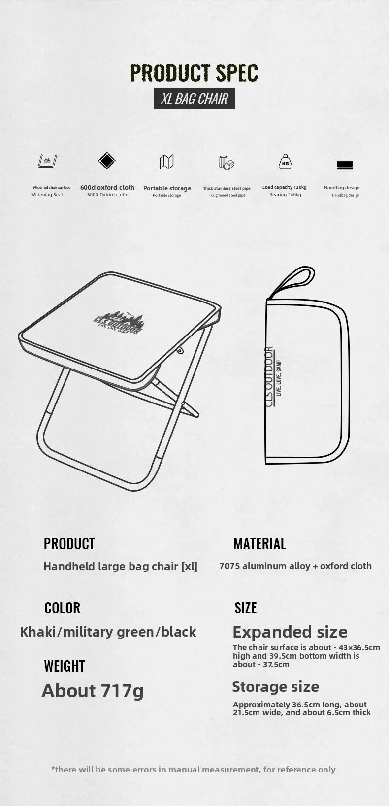 CLS&NOBANA Camping-Handtaschenstuhl, tragbarer, leichter Outdoor-Aluminium-Mattza-Stuhl, hochbelastbarer Reise-, Strand- und Angelstuhl – Detail 3
