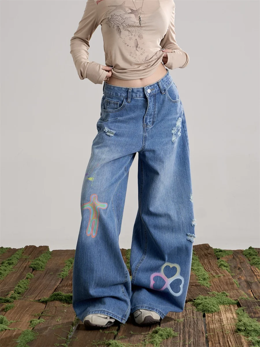 

American Style Graffiti Print Ripped Knife Jeans Women's Loose Wide Leg Street Style Long Trousers Onlpp Spring 2026