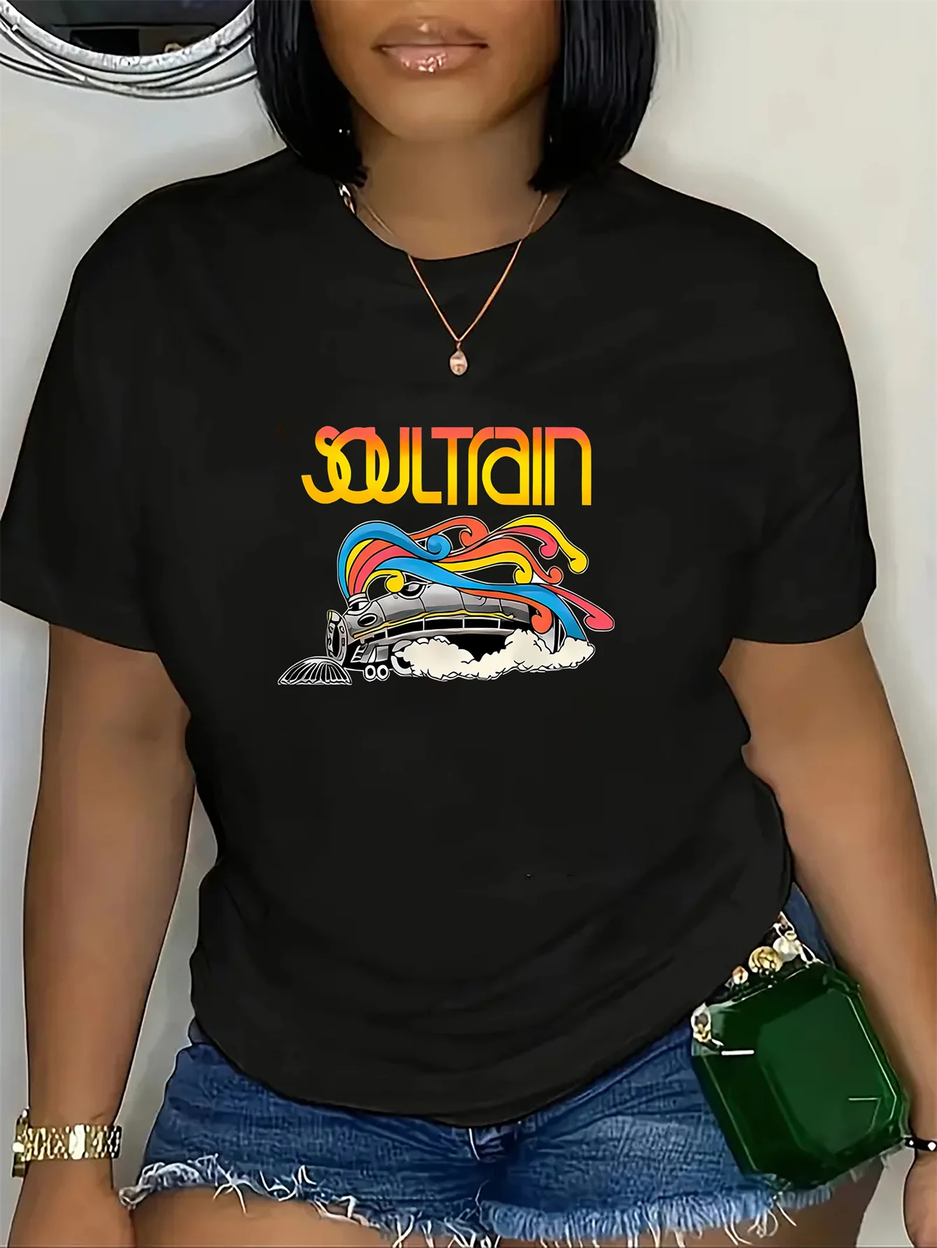 

Vibrant Soul Train Graphic Tee - Stylish Women's Fashion Crew Neck Short Sleeve Sport T-Shirt with Medium Stretch,