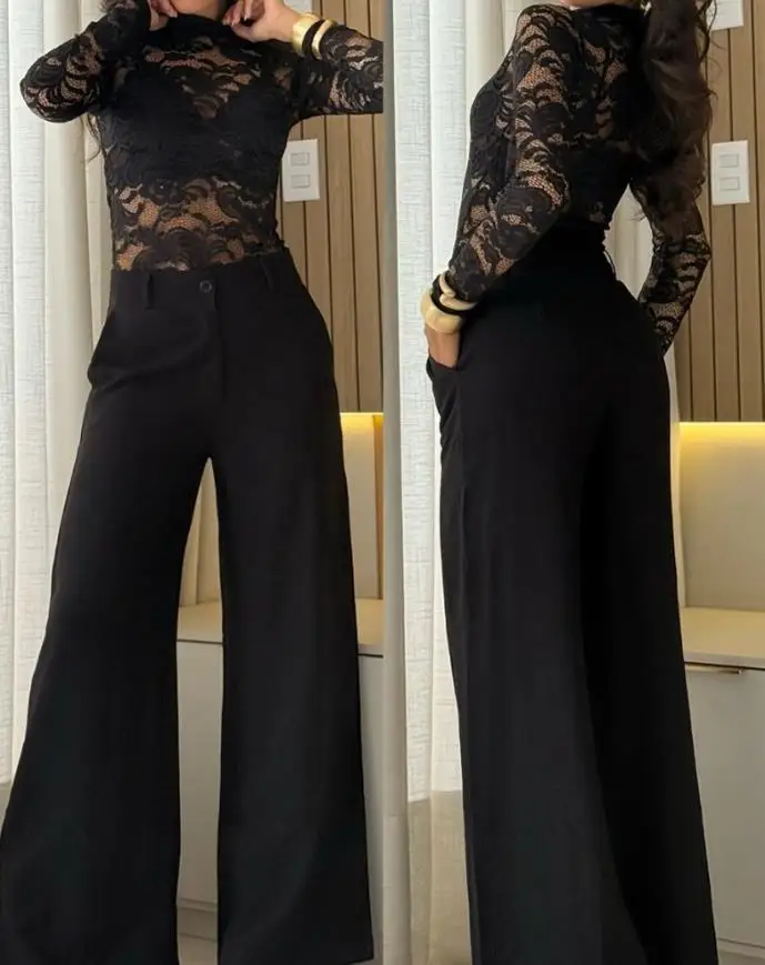 

Solid Color Round Neck Sexy See Through Lace Jumpsuit Summer Women's Pure Desire Style Lace Hollow Out Long Sleeved Jumpsuit