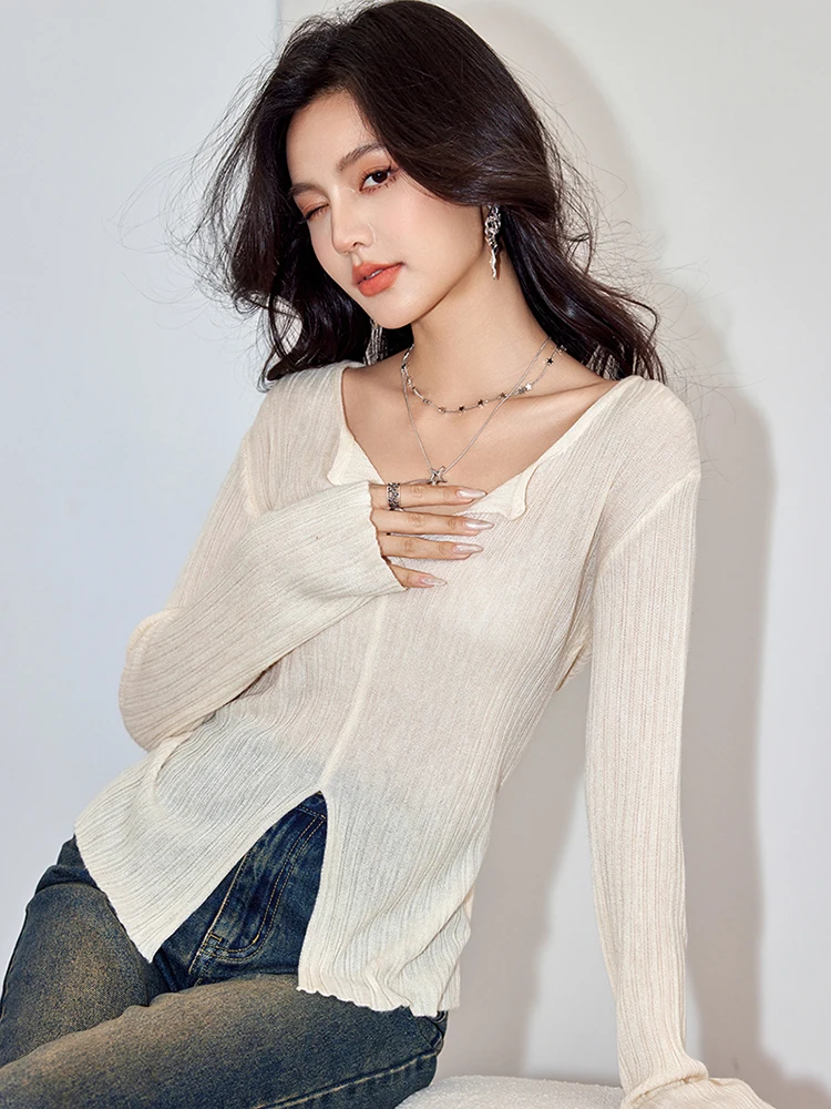 

Knitted Pullovers Women Sexy V-neck Long Sleeve Tops Korean Style Fashion Design Sense Simple Solid Color Tops