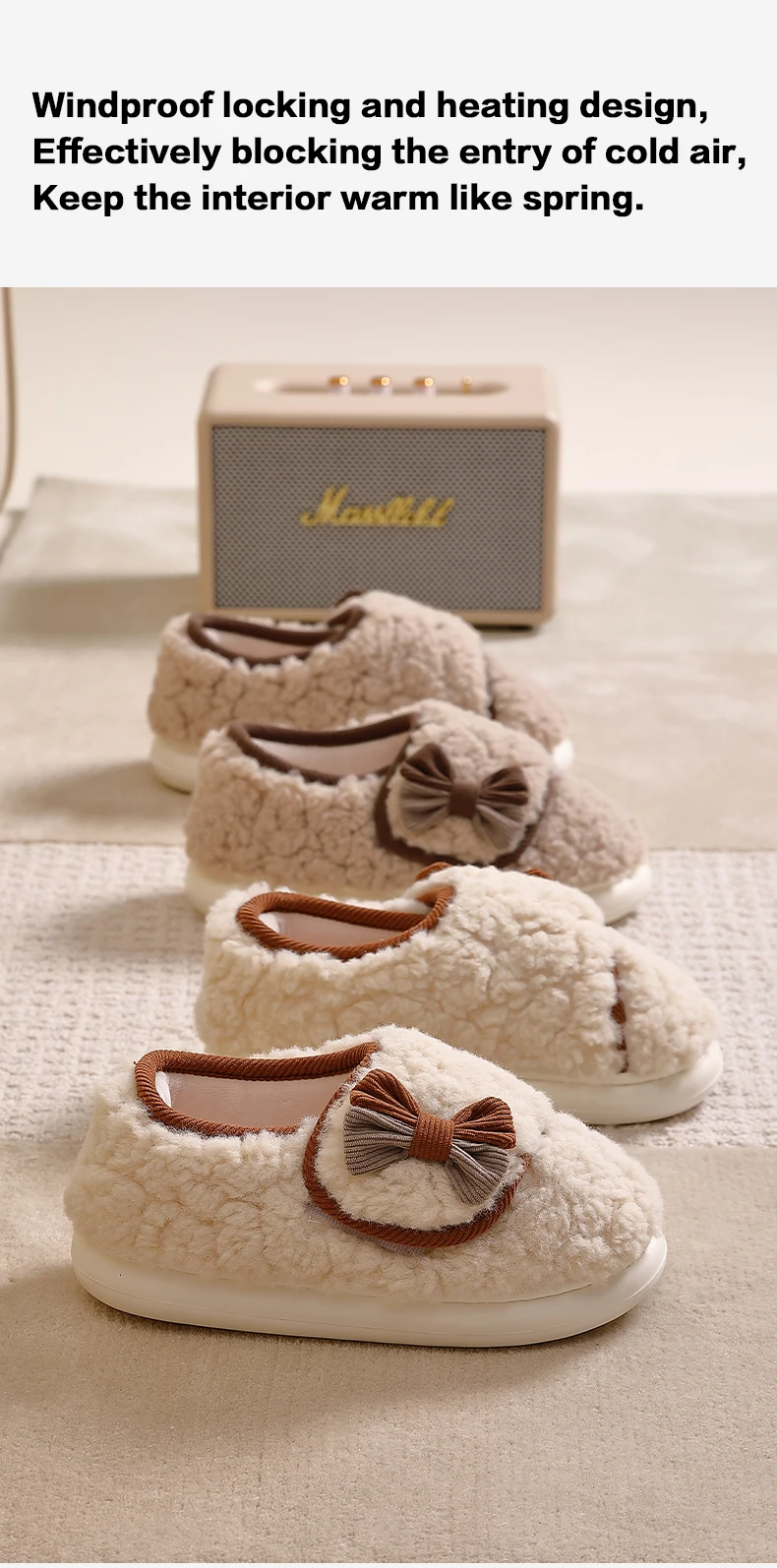 Niedliche Schleifen-Winterhausschuhe für Damen, flauschige Lammfell-Hausschuhe, weiche Plüsch-Warmstiefel mit vollständiger Fersenumhüllung, dicke Sohle, Indoor-Mules. – Detail 6