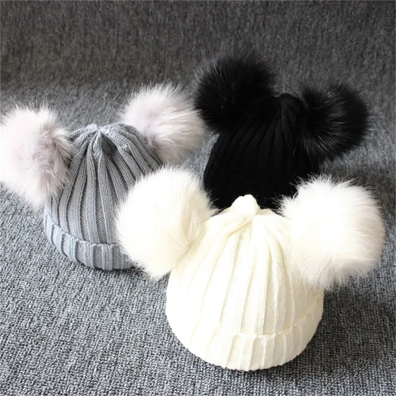 Baby Hat Girl Boy Knitted Bobble Hats Double Pom Poms Winter Warm Crochet Stretchy Beanie Thick Cap Infant Toddler шапка