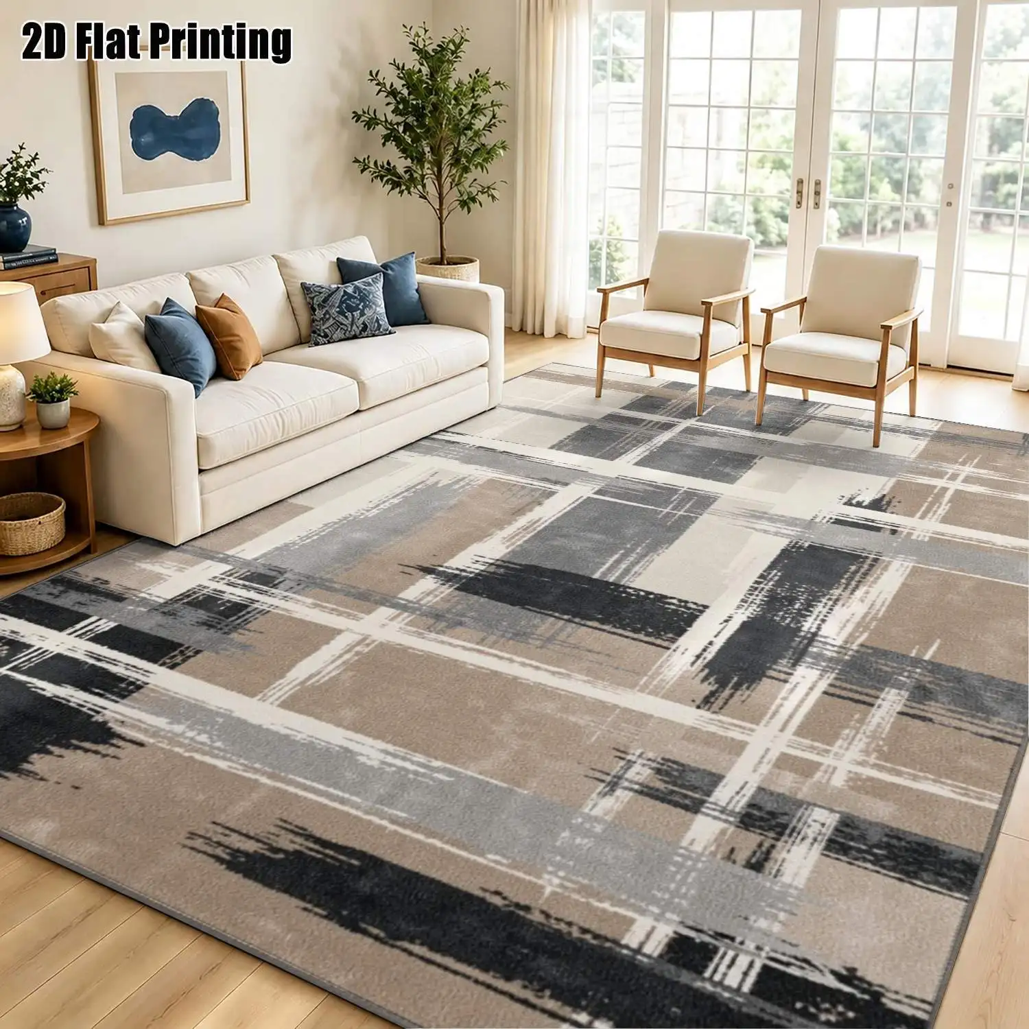 1Pc 2D Printed Light Blue Retro Floral Carpet, Multi-Style for Home Decor, Machine Washable, Multi-Scene Use