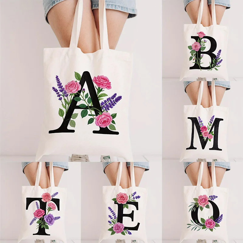

Letters And Flowers Tote Bags Shopping Bags Reusable Grocery Bags, Canvas Shopping Tote Bags for School, Office, Party, Shopping