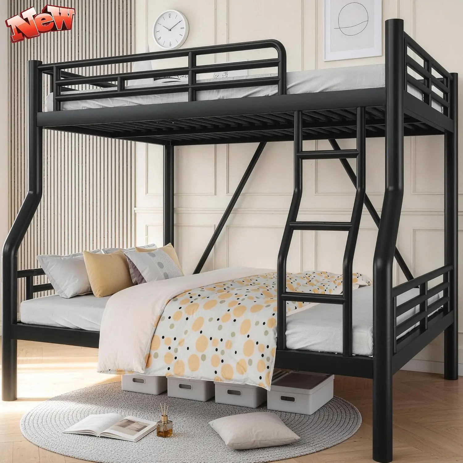 Metal Full XL Over Queen Bunk Bed for Adults, Heavy-Duty with Ladder Convertible to 2 Separate Beds 600 lbs, Customized