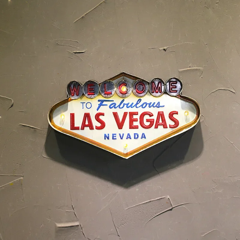 

Industrial style iron painting hanging decoration with Las Vegas style lights welcoming sign bar wall decoration hanging