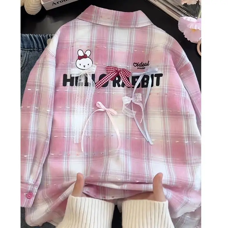 

Sanrio New Style Jacket Hello Kitty Casual Spring/autumn Checkered Shirt Cute Cartoon Bow Versatile Western Style Jacket Trendy