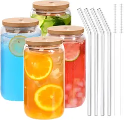 18.6oz 540ML Drinking Glasses Can Shaped Glass Cups with Bamboo Lids and Glass Straws for Beer Iced Coffee Wine Cocktail
