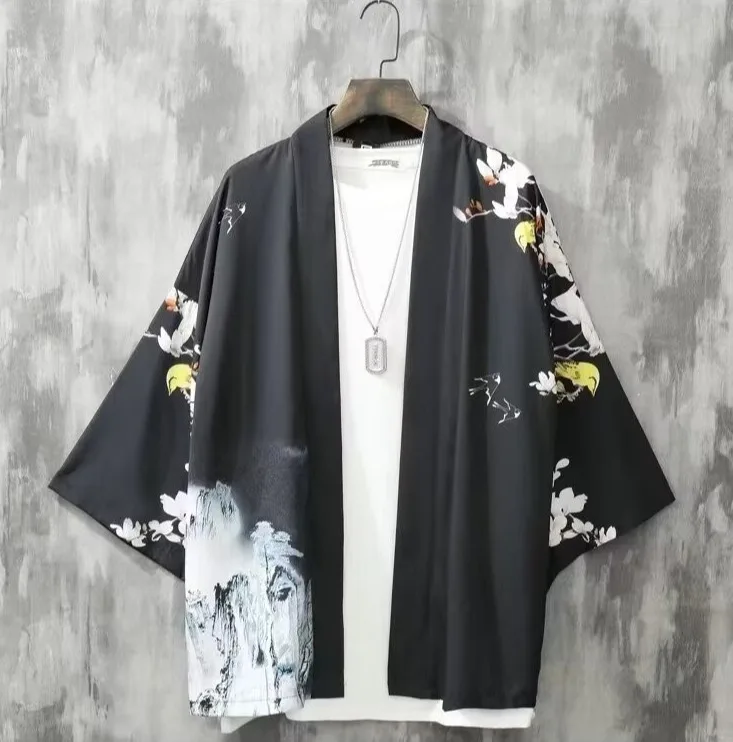 

Men's Summer Loose Thin Water-Mark Print Hanfu Open Cardigan Sun Protection Seven-Quarter Sleeve Shirt Fashionable Youth