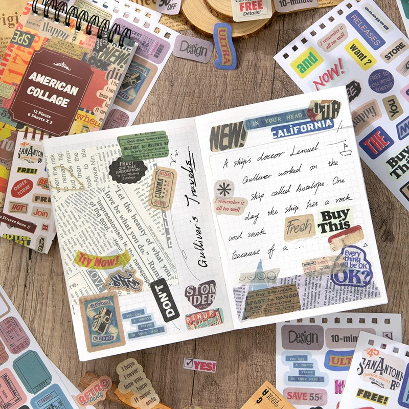 4Style 12Pcs/bag Retro Text Collage Series Sticker Book Creative Handbook DIY Material Decorative Stickers