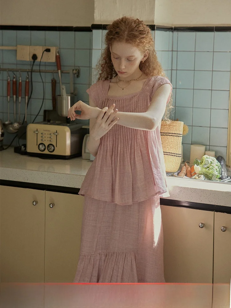 

C.PAIA "00 Flax" Heavyweight Weaving Proc Glowing ort Top Rose Pink Girl's irt Vintage Sle Loose Fit Embroidered Sp...