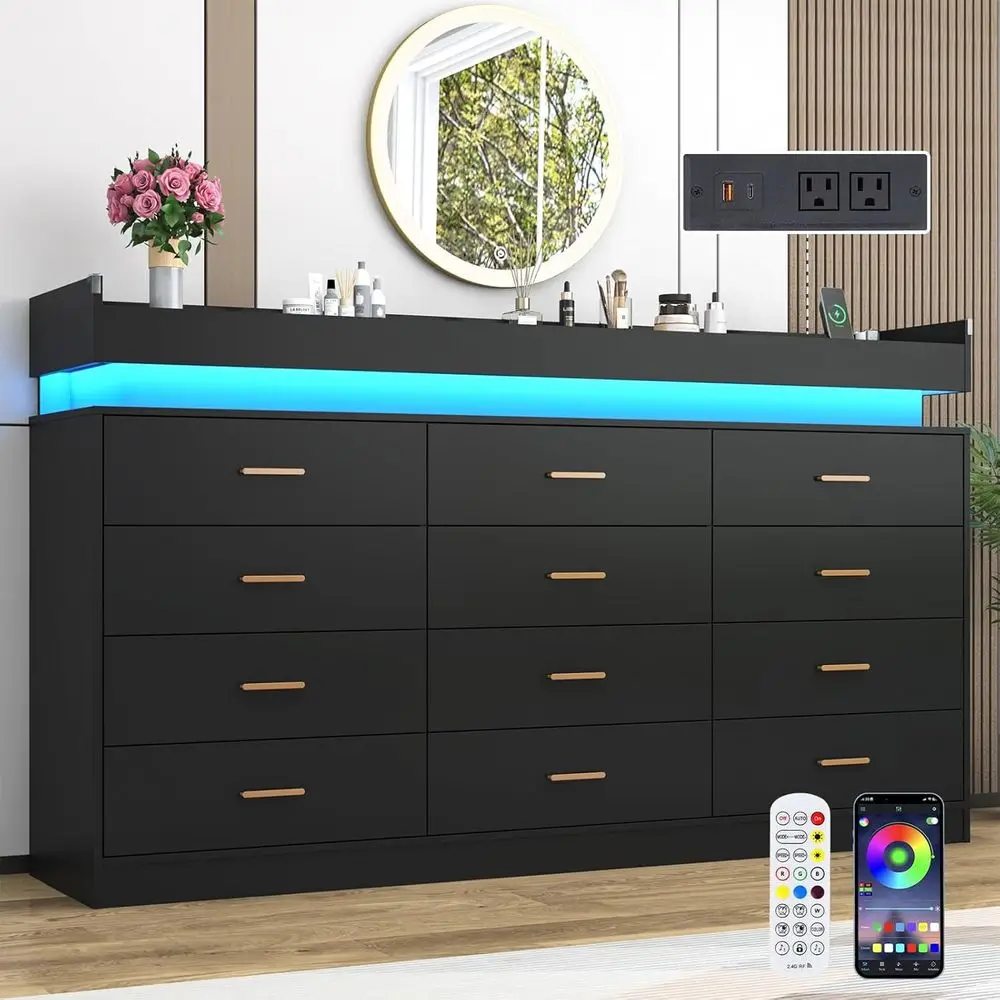 LED-Illuminated 70 Tall Storage Cabinet with Charging Station for Bedroom, Living Room, and Hallway in Black