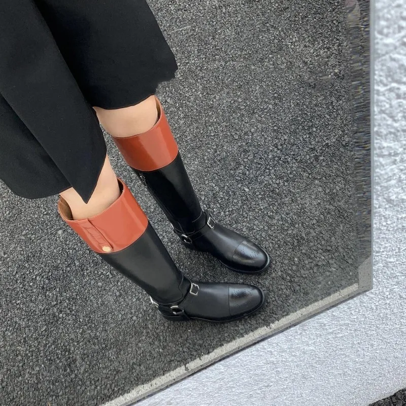 New Vintage Color Block Women Knee High Equestrian Boots, Round Toe Buckle Strap Chunky Heel Long Leather Fashion Riding Boots
