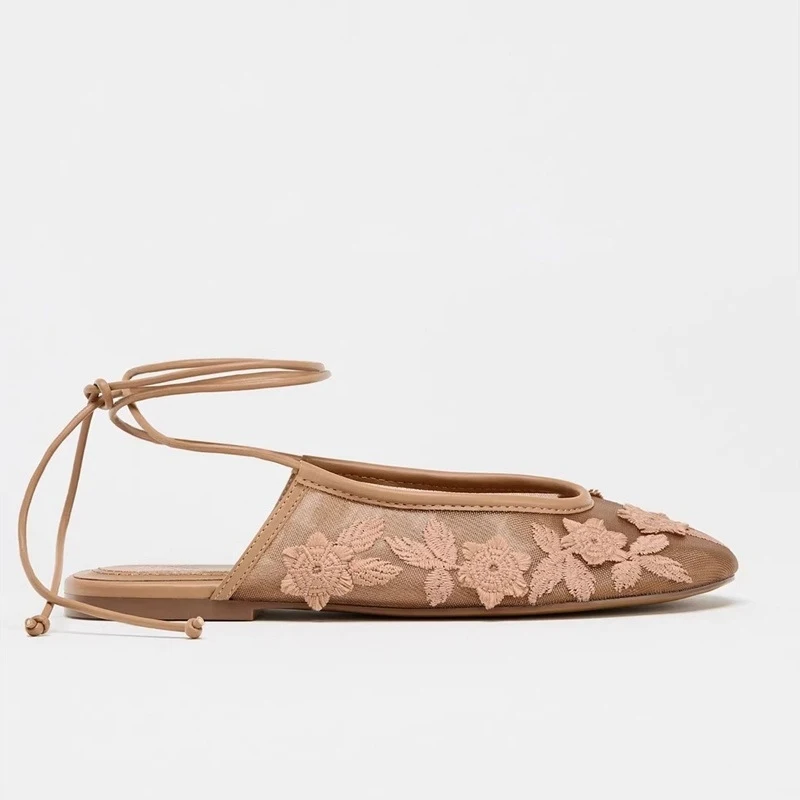 Embroidered Floral Lace-up Open-Back Flat Ballet Shoes Mesh Breathable Closed-Toe Mules Backless Sandals for Women Summer Casual