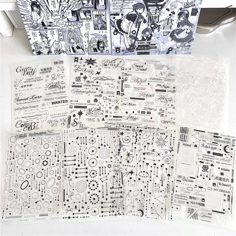 8Pcs Kawaii Black White Stickers PET Y2K Junk Journal Decorative Material Sticker For Scrapbooking Diary Sticker Stationery view 3