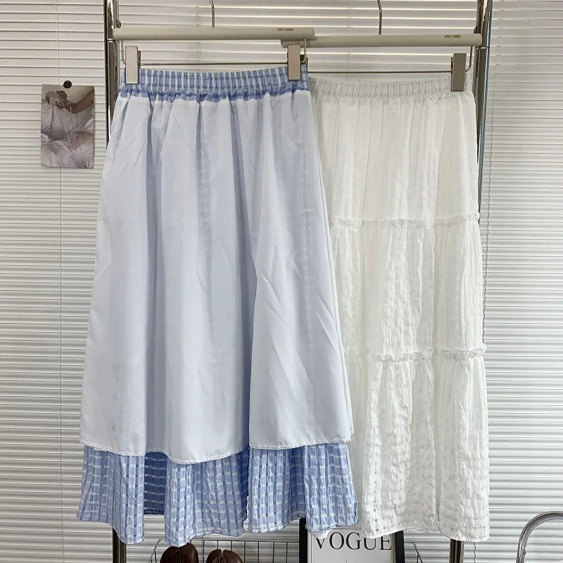 High Waist A-Line  Skirt Women's Pure Color Elastic Waist Concealing Flattering Spring Summer Korean Sle Versatile Fair...