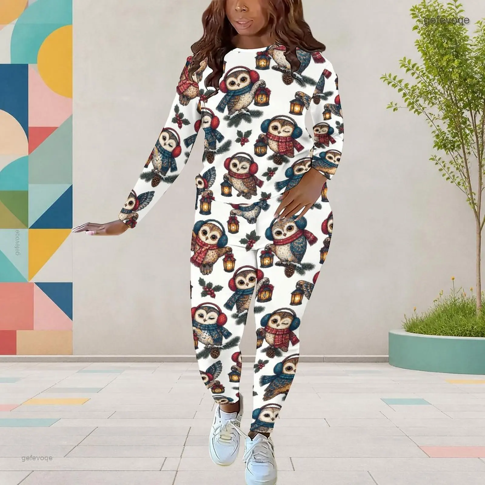 Women White Base Printed Starfish Blue Bow Snowflake Pattern Round Neck Long Sleeve Two Piece Pants Set
