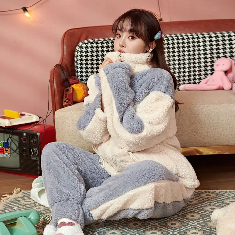 Coral Velvet Female Pajamas Women Autumn Winter Sweet Cute Warm Loungewear Thicken Stand Collar Casual Sleepwear Two-Piece Set