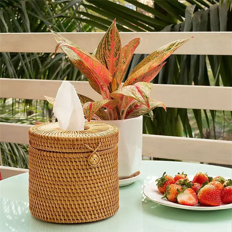 MALL 2Pcs Rattan Tissue Box Toilet Paper Cover Wicker Decorative Holders with Lid for Storage Single Roll and Tissues