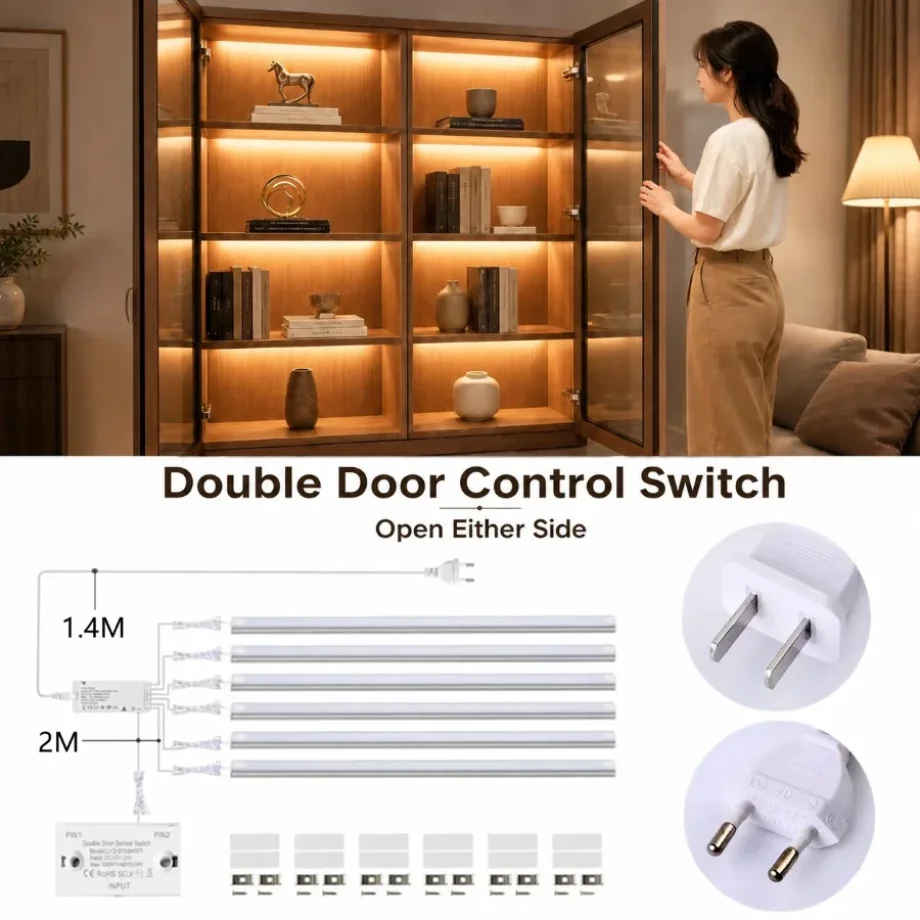 1~6Pcs Double Door Control Switch LED Strip 30/40/50CM Sync Cabinet Light Kitchen Pantry Showcase Bedroom Closet Kitchen Lamp