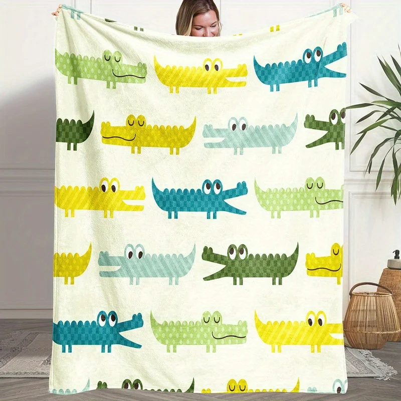 1pc Fluffy Blanket Cartoon Crocodile Print White Throw Blanket White Blanket Barefoot Bream Blanket Throw Blanket for Sofa Winte