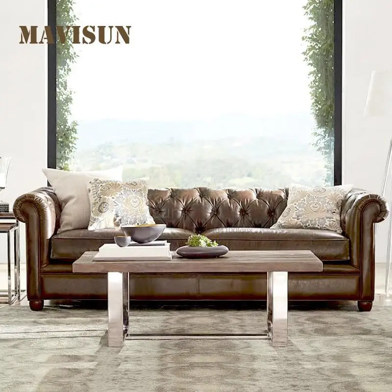 American Antique Country Pastoral Style Household Chesterfield Sofa Section Living Room Furniture For Big House Muebles De Sala