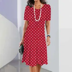 Robe imprimée à pois pour femmes, robe sexy au genou, robe élégante, point, col rond, vacances, mode estivale, 2024