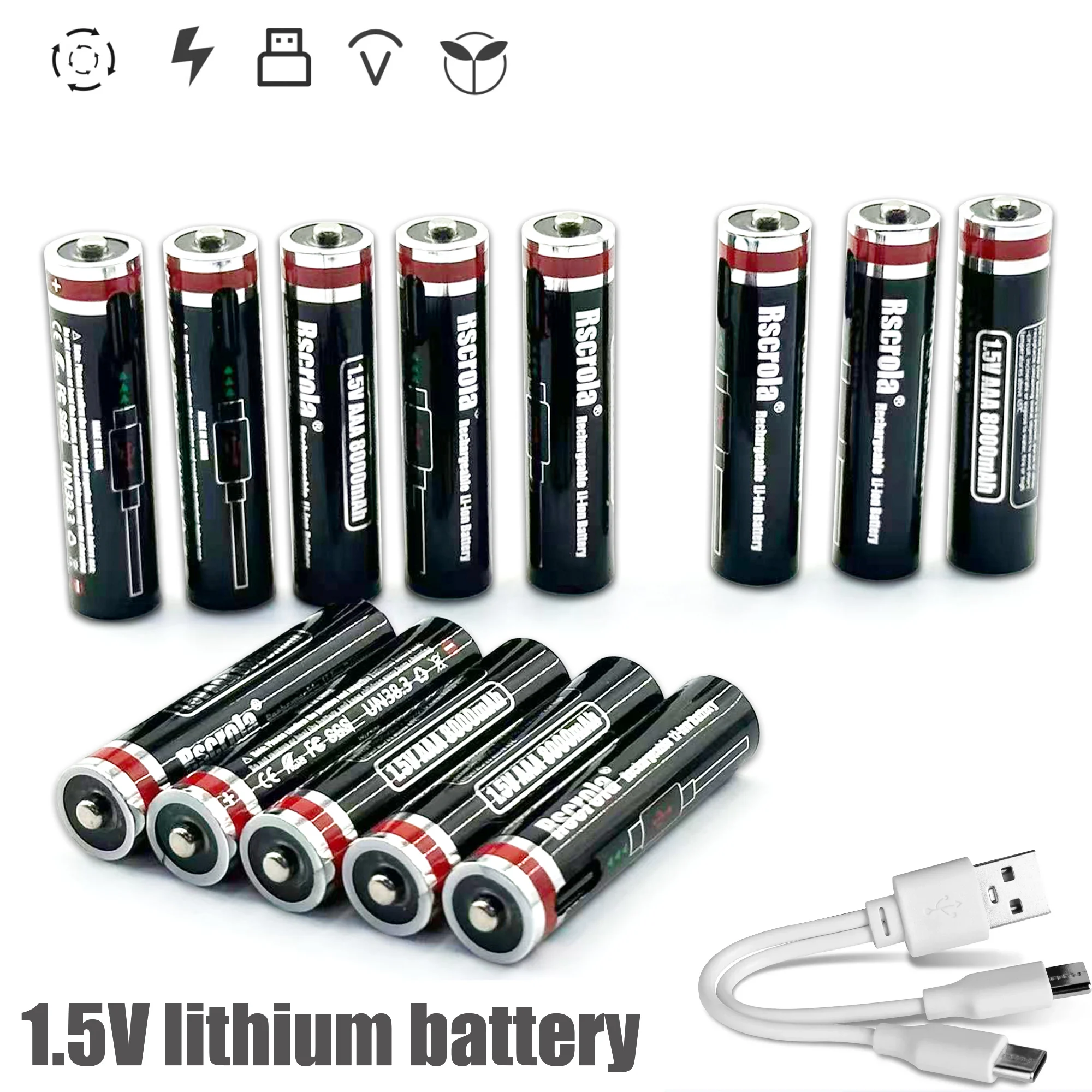 New Universal AAA 1.5V 8000mAh Lithium Batteries USB Rechargeable AAA Battery  with 4-in-1 USB Cable for Toys Camera Flashlight