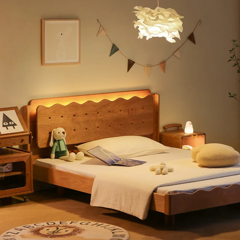 Nordic simple full solid wood double bed boy girl North American cherry wood furniture single small bed cookie bed