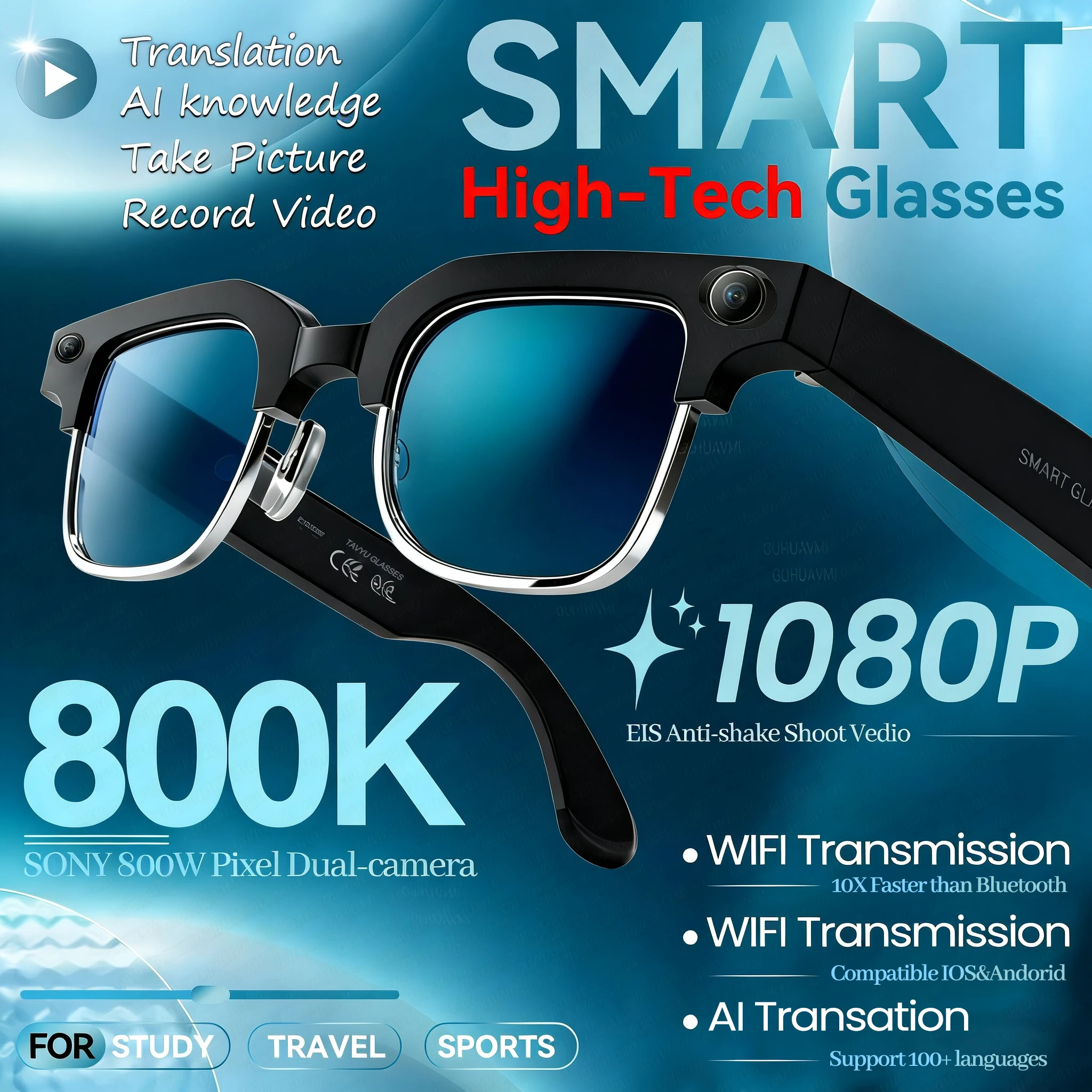 New 800W Smart Glasses 4K HD Camera 4GB Memory BT Call Voice Assistant Translate Touch Control Music Player sunglasses Men Women