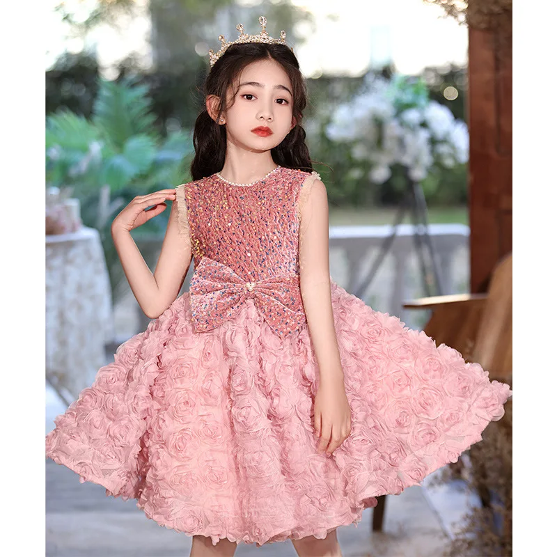 

Girls' Pink Dress2025New Luxury Flower Girl Birthday Princess Puffy Dress Children's Host Sequin Gown