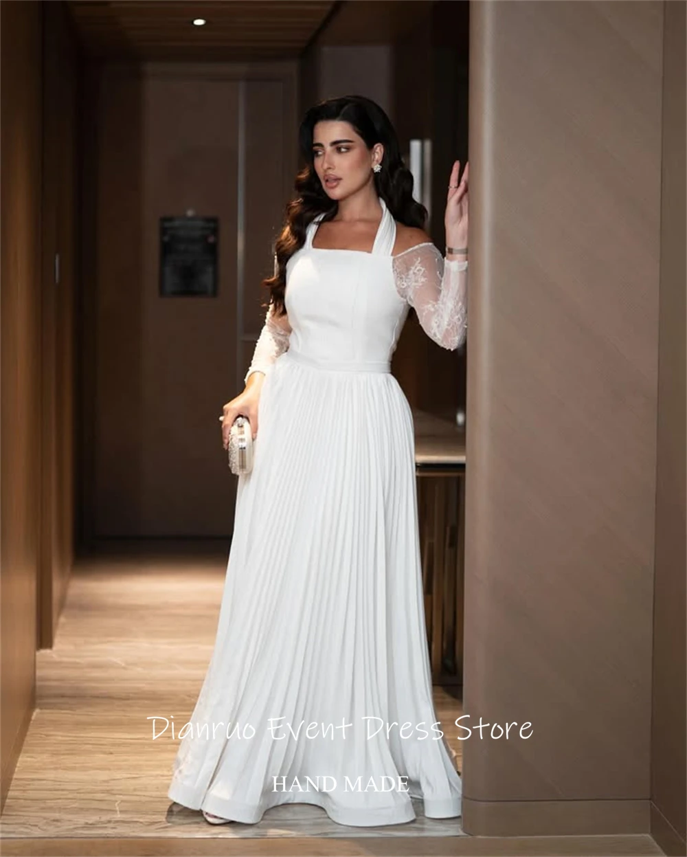 فستان سهرة Dianruo برقبة رسن على شكل حرف A مطوي وأكمام من الدانتيل رداء De Soirée Abendkleider دبي فيستدو دي فييستا مخصص