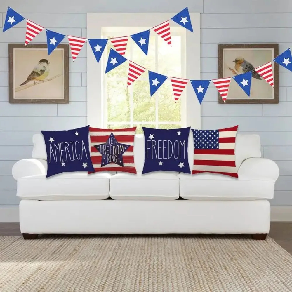 Independence Day Flax Pillowcase American Flag Star Headrest Pillow Cover 18x18'' Patriotic 4th of July Decoration