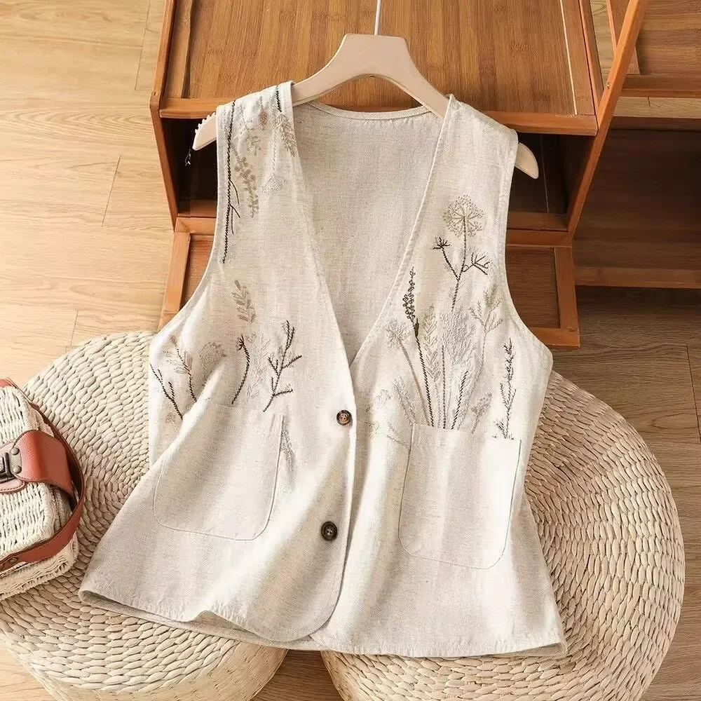 Womens Embroidery Vest Cotton Linen  Waistcoat Summer