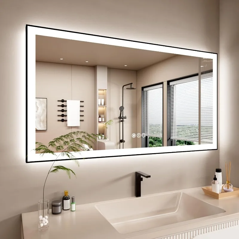 55x30 Inch LED Bathroom Mirror with Black Frame, Backlit and Front Lighted Bathroom Mirrors for Wall, Anti-Fog