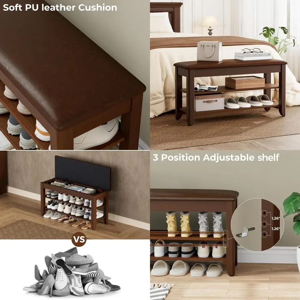 

Скамья для обуви из цельного дерева орехового дерева с откидной крышкой и подушкой для прихожей, прихожей или грязевой комнаты, 31,5