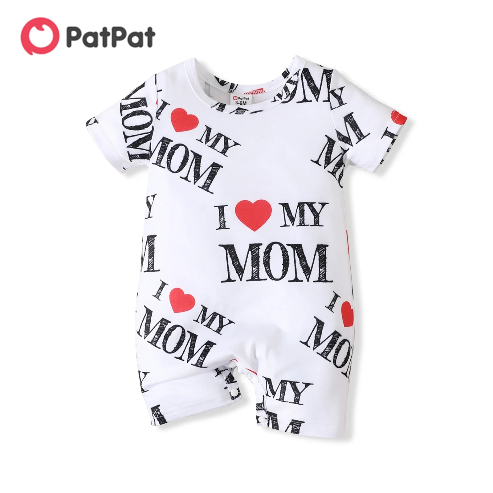 PatPat Baby Boy/Girl All Over Love Heart and Letter Print Short-sleeve Romper Suitable for Summer Season Basic Style