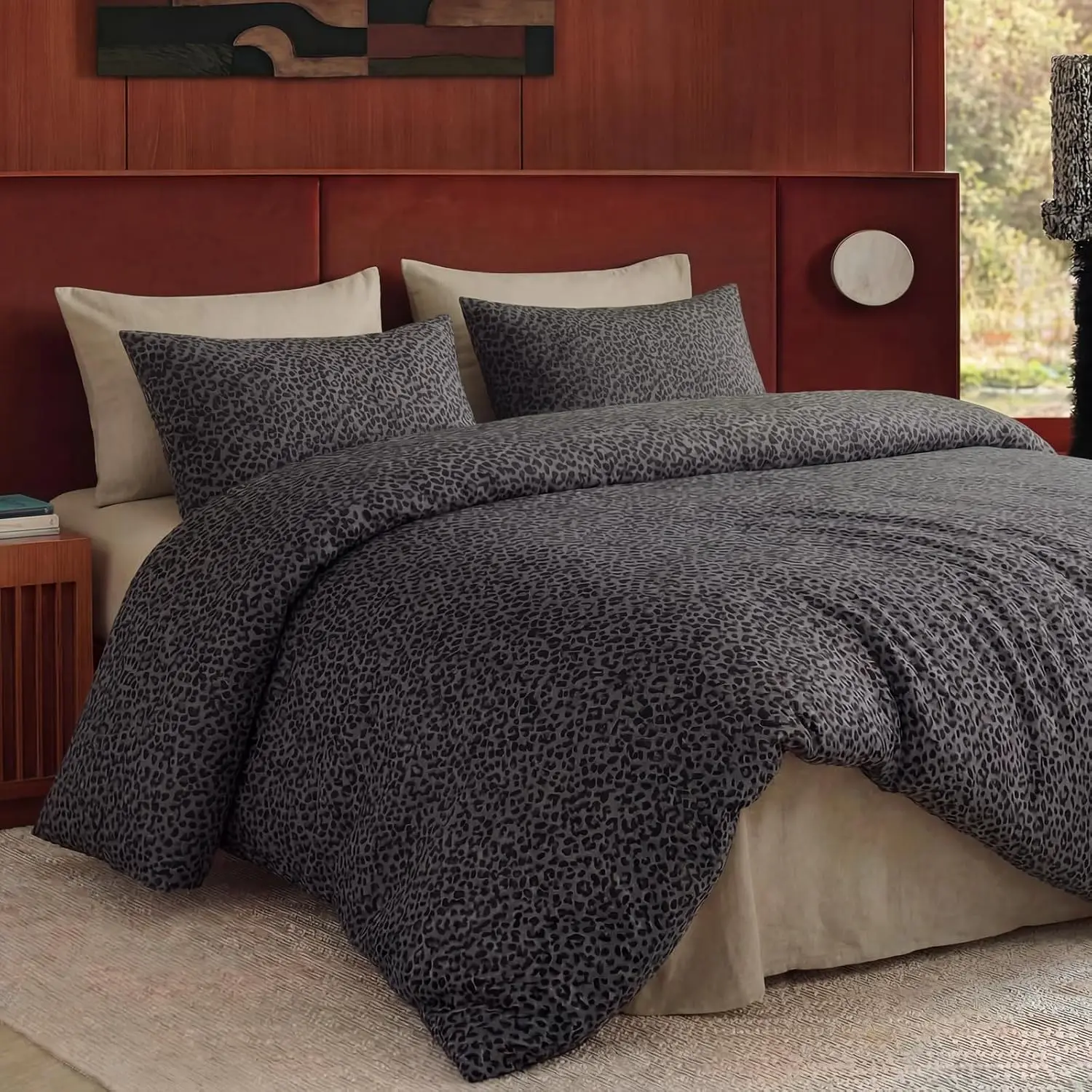 100% Cotton Duvet Cover Queen/King Size, Black Leopard Print Bedding Set with Zipper Closure, African Wildlife Animal Skin Cheetah Print Comforter Cover with 2 Pillowcases for All Seasons