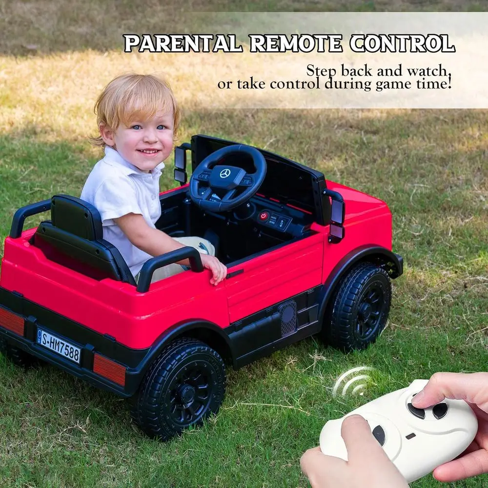 Carro de passeio de 12V com controle remoto para pais, carro Mercedes-Benz UNIMOG licenciado para crianças, luzes LED, música e buzina, partida suave, Lo