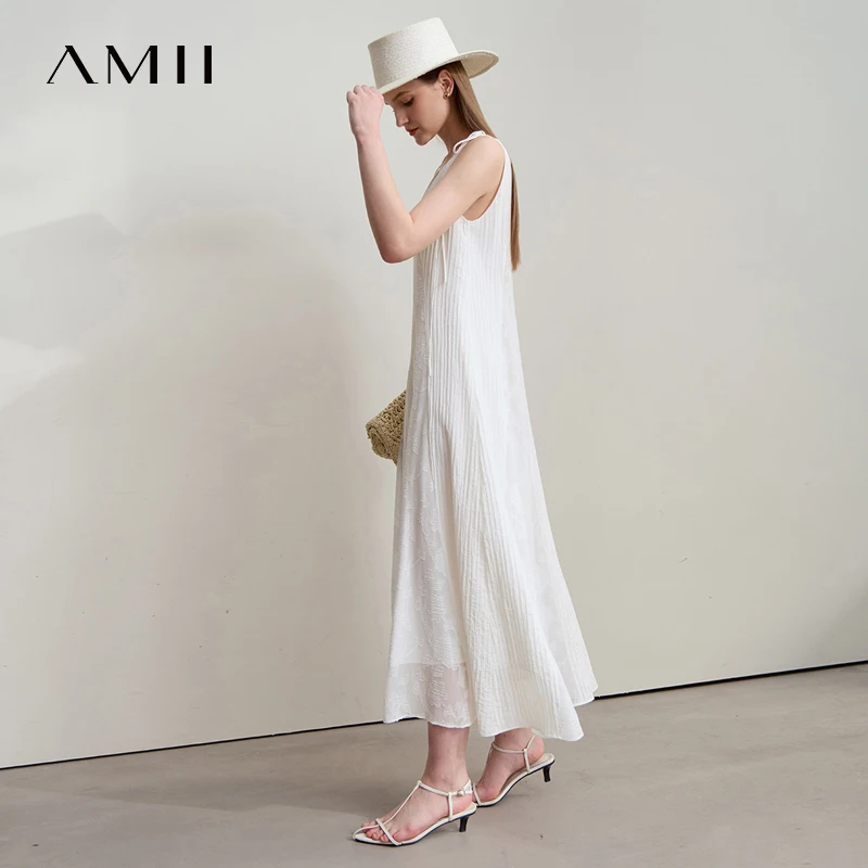 Amii بساطتها عطلة فستان بيج 2025 صيف جديد إمرأة مكتب سيدة قطع الأزهار ألف خط بلا أكمام التعادل عادية الجنية 12542190