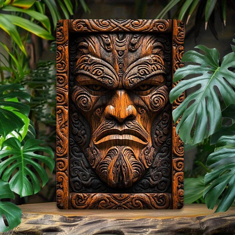 Aluminum Wall Art, Metal Sign Maori Warrior Face Pattern Aluminum Sign Vintage Fun for Lakeside Villas Bedroom Dining Room