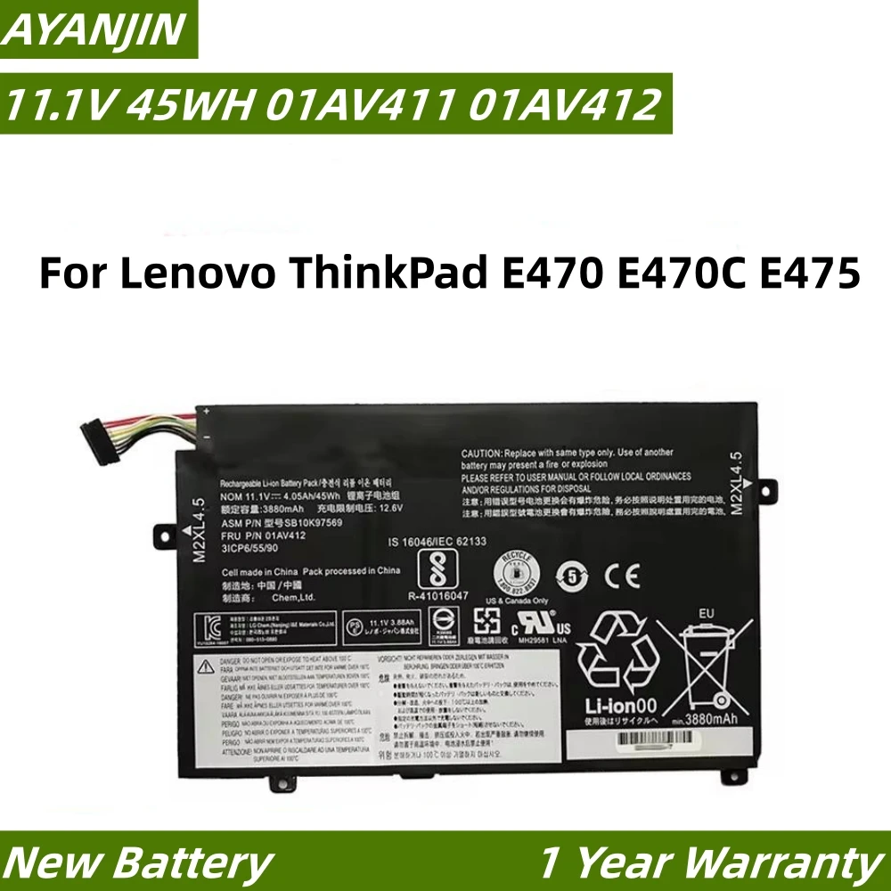 

01AV411 01AV412 01AV413 11,1 V 45WH/4.08Ah Аккумулятор для ноутбука Lenovo ThinkPad E470 E470C E475 SB10K97568 SB10K97569 SB10K97570