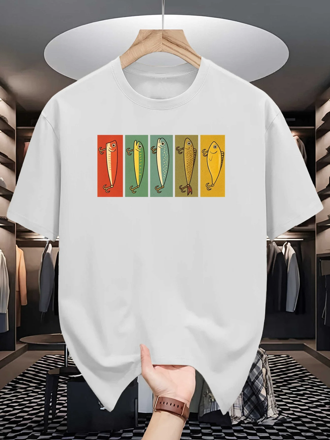 Vintage Fishing Lure Graphic Mens Crew Neck T Shirt Colorful Bait Print Soft Loose Summer Casual Street Tee Fishing Hobby Lovers