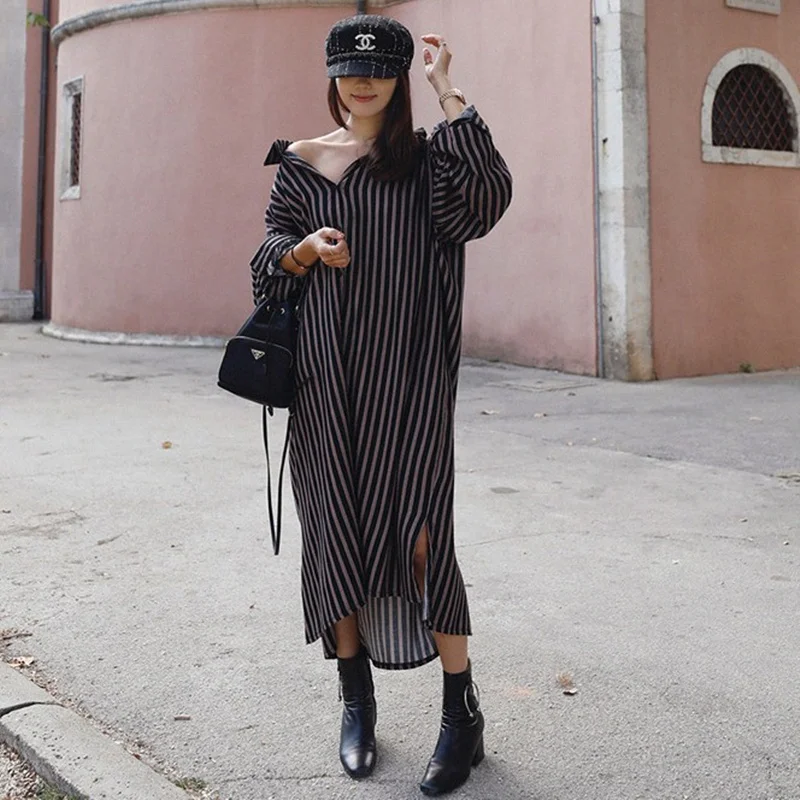 

Long Sleeve Striped Shirt Dress Women's Spring Summer Loose plus Size Korean Style over Knee Trendy Collar Cotton Blend