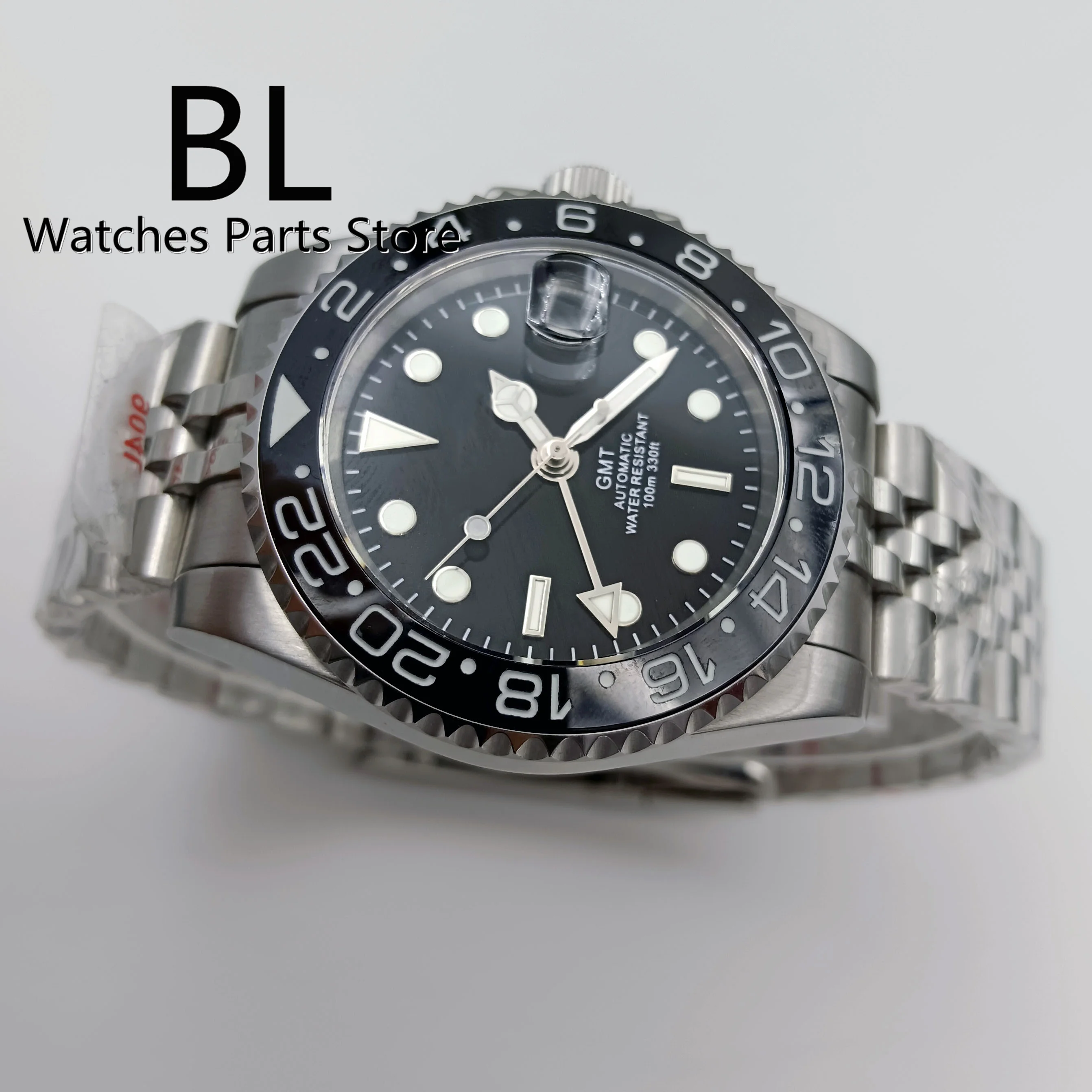 BLIGER NH34A GMT Automatic Men\'S Watch Black Blue Red Insert Blue Luminous Dial 40mm Jubilee Steel Bracelet Date Sapphire Glass