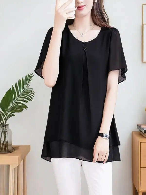 

Summer ort Sve Chiffon Top Loose round Ne plus Size Women's Clothing Slimming Mom's Wardrobe New Sle Large Size