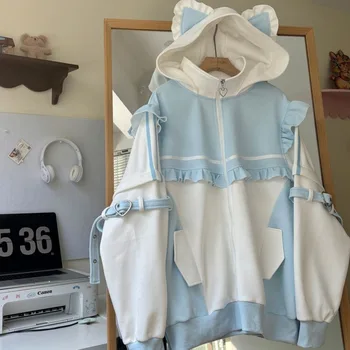 Rüschen gespleißt japanische Y2k Plüsch Mantel Katzenohren Kawaii Kapuzenjacke Mädchen Eimer Dekor Harajuku Sweatshirt süße Frauen Oberbekleidung