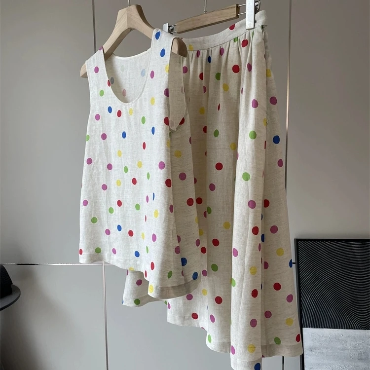 

Chao Anti-Aging! Real Deal! Linen Polka Dot Print Vest Gathered Skirt Women's Fashion Set Elegant Style Summer Collection