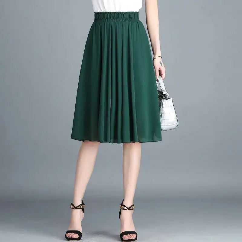 #1703 Black White Green Red Blue Chiffon Skirts Womens Elastic High Waist Pleated A-line Skirt Female Formal Skirt Knee Length